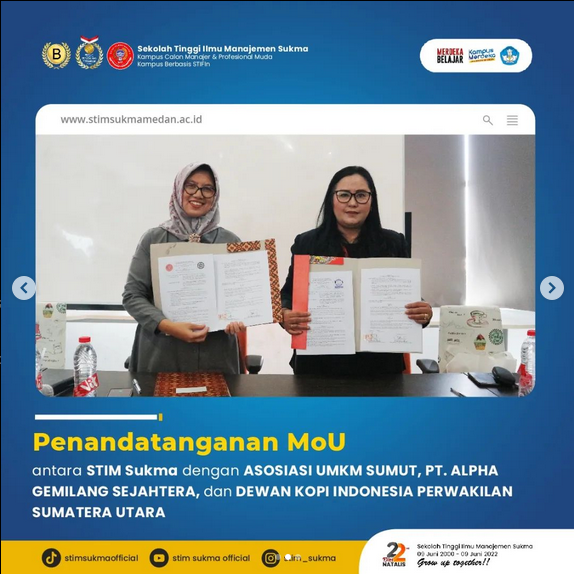 Penandatanganan MoU antara STIM Sukma dengan ASOSIASI UMKM SUMUT, PT. ALPHA GEMILANG SEJAHTERA, dan DEWAN KOPI INDONESIA PERWAKILAN SUMATERA UTARA