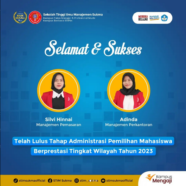 Selamat & Sukses kepada Silvi Hinnai & Adinda telah lulus tahap Administrasi Pemilihan Mahasiswa Berprestasi (Pilmapres) tahun 2023